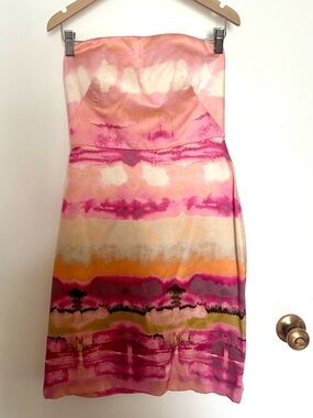Banana Republic Strapless Watercolor Dress in Pink, Orange & Cream